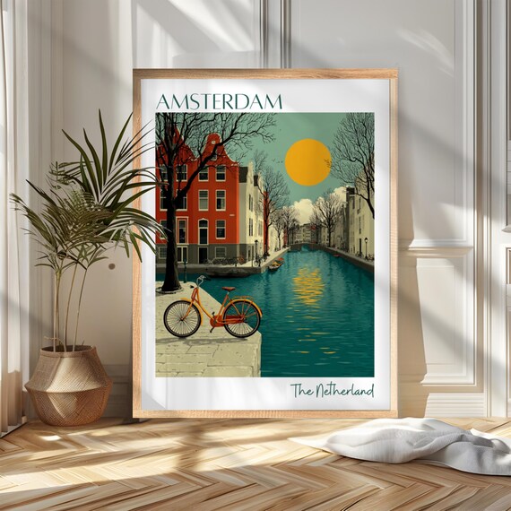 Amsterdam Canal Orange Bicycle Vintage Netherlands Travel Poster