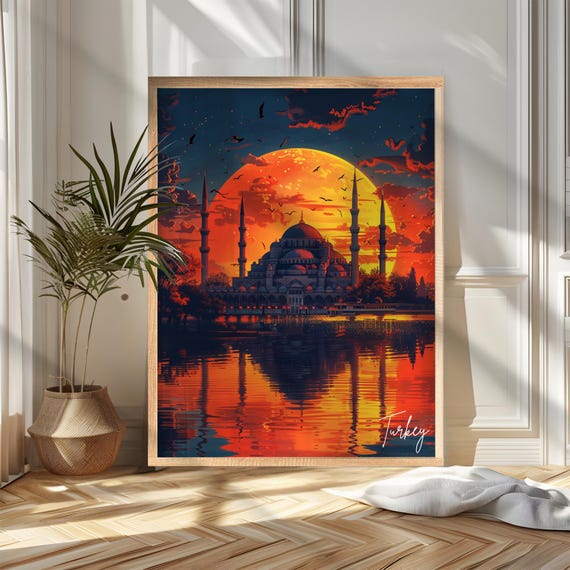 Istanbul Blue Mosque Sunset Over Water Turkey Landmark Travel Poster