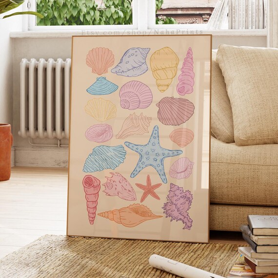 Pastel Seashell Collage Starfish Conch Coastal Beachy Art Poster
