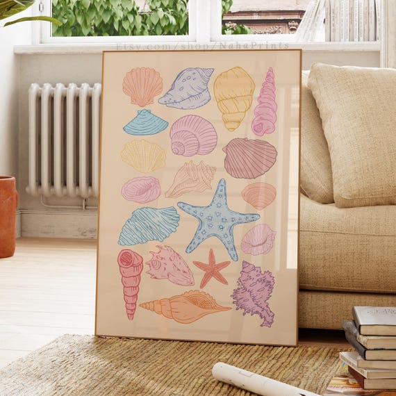 Seashell Art Prints Trendy Coastal Wall Girly Decor Cute Summer Posters Colorful Beachy House Sea