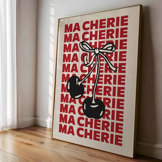 Ma Cherie Red Typography Black Cherry French Quote Art Poster