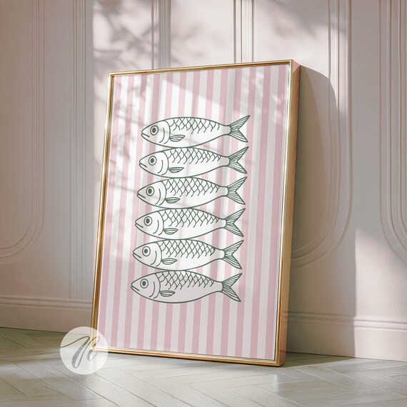 Retro Sardines Pink Stripes Coastal Kitchen Seafood Art Poster