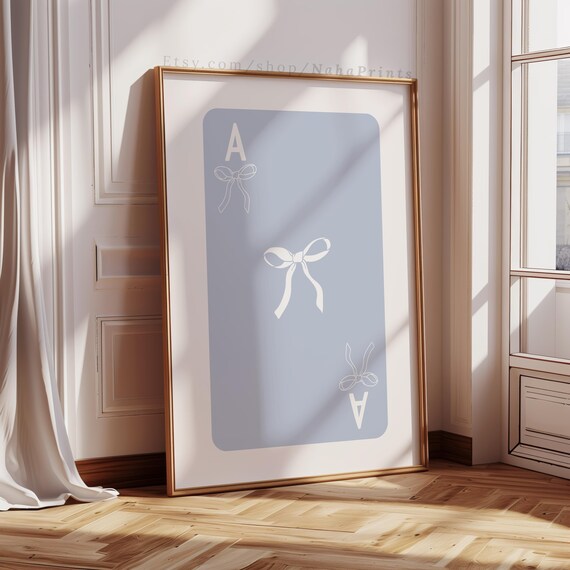 Blue Ace Playing Card White Bow Coquette Minimalist Art Print