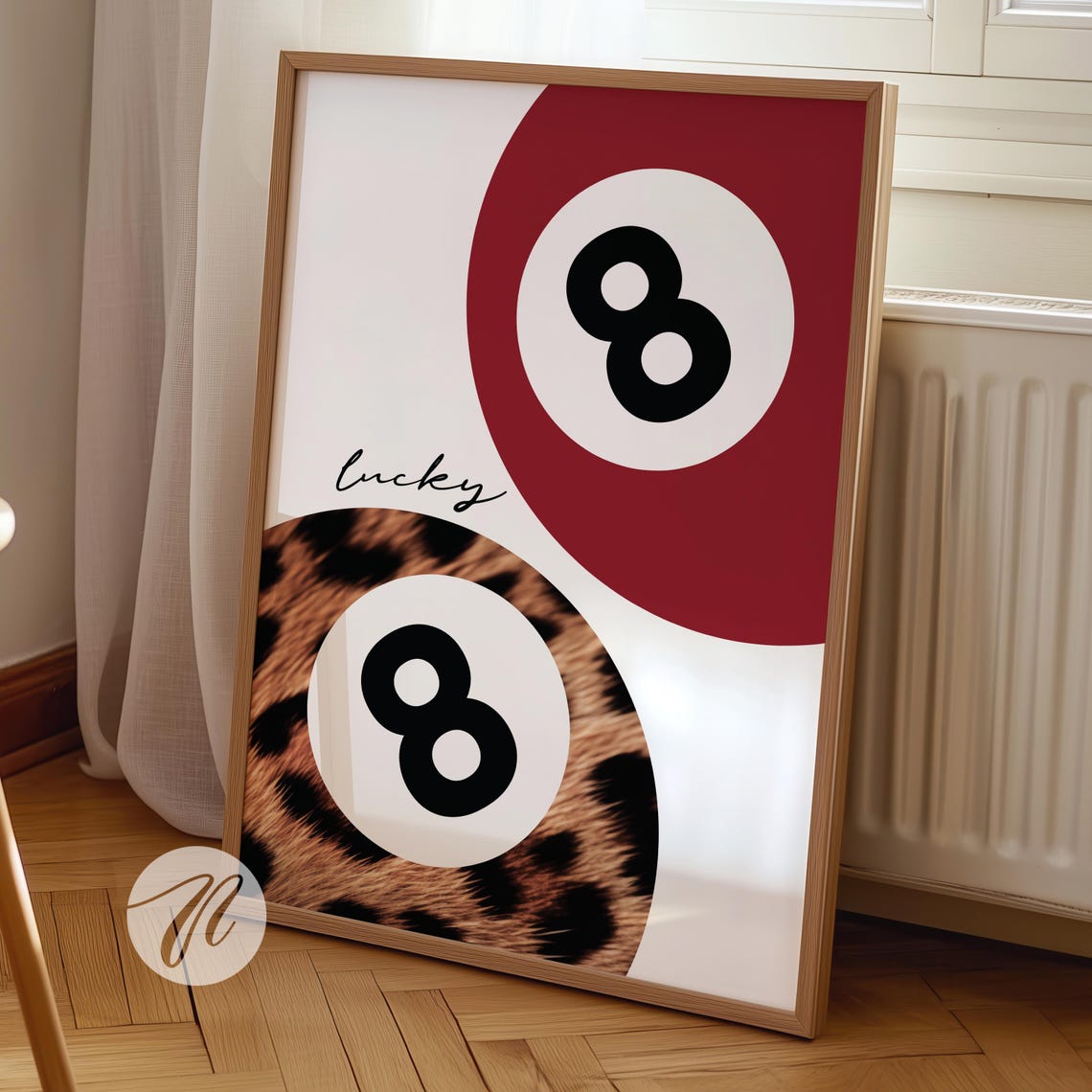 Lucky 8 Ball Retro Pool Poster In Red And Leopard Pattern Finish
