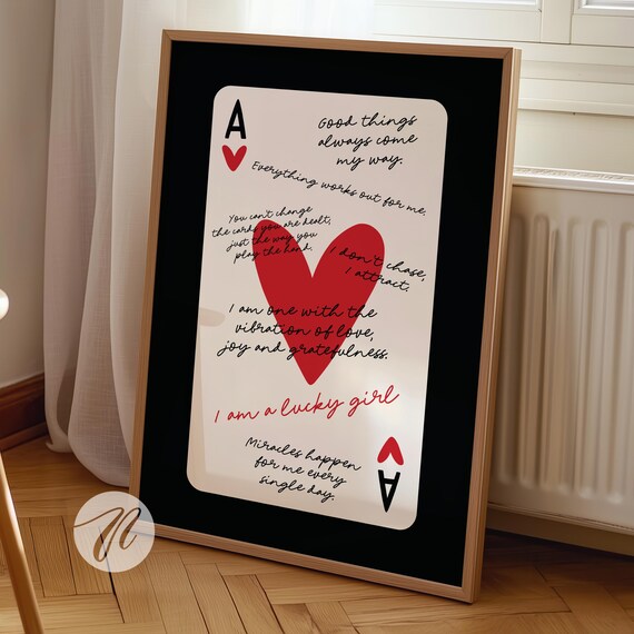 Lucky Girl Syndrome Ace Of Hearts Card Poster Trendy Wall Art Red And Black Prints Retro Bar Cart Preppy Funky Apartment Decor