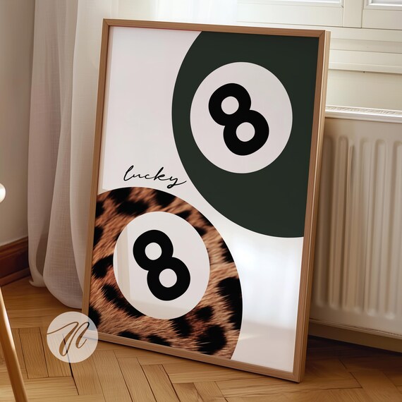 8 Ball Poster Sage Green Lucky Eight Print Leopard Pool Wall Art Preppy Dorm Room Decor