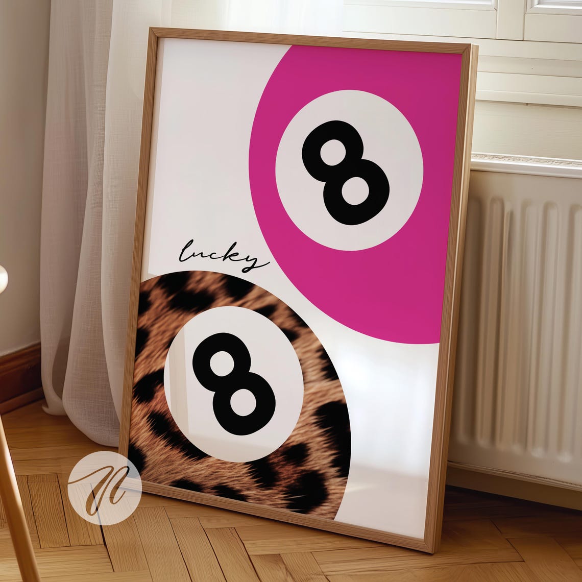 Hot Pink And Leopard Lucky 8 Ball Duo Retro Pool Script Poster