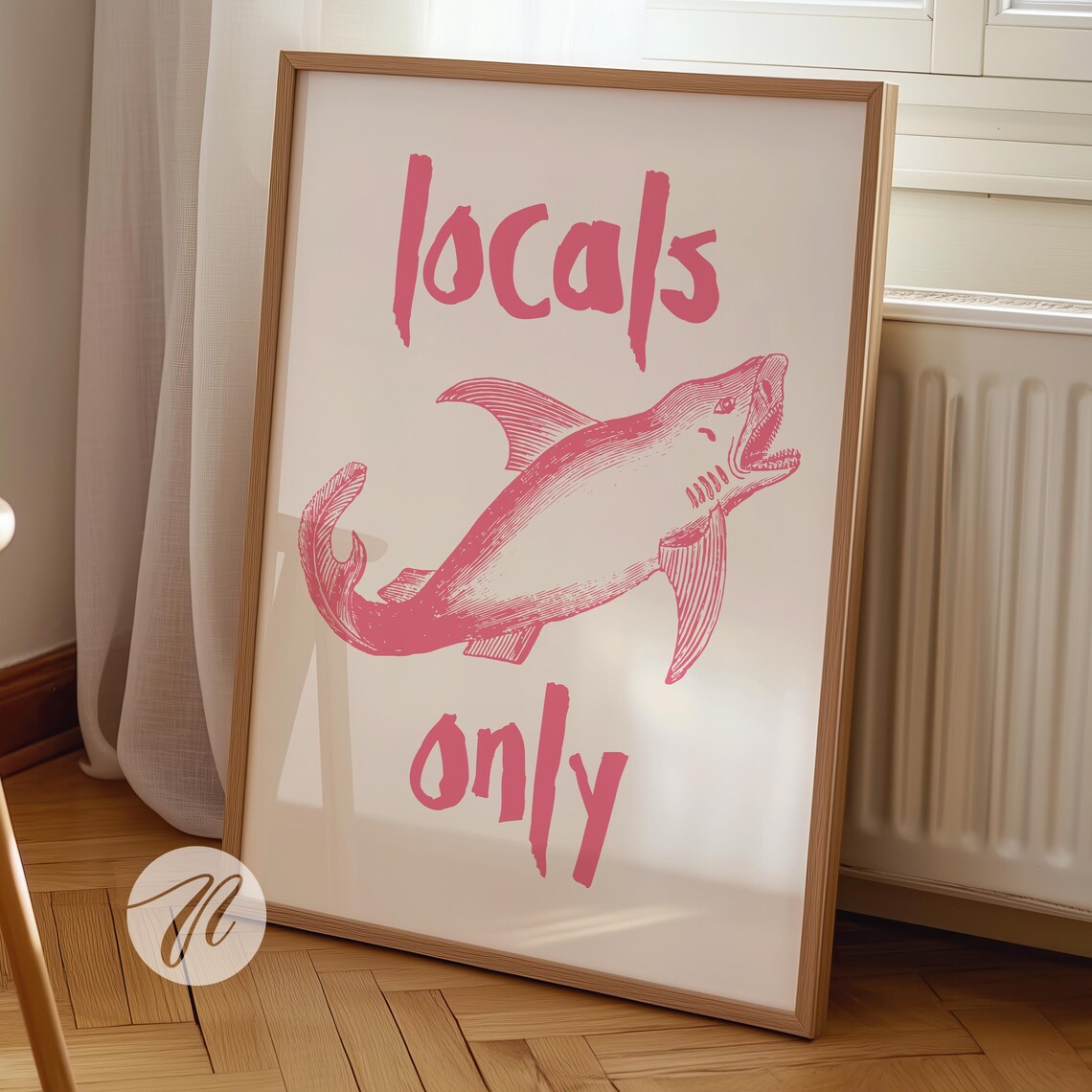 Locals Only Pink Shark Surf Beach House Fun Coastal Typography Poster