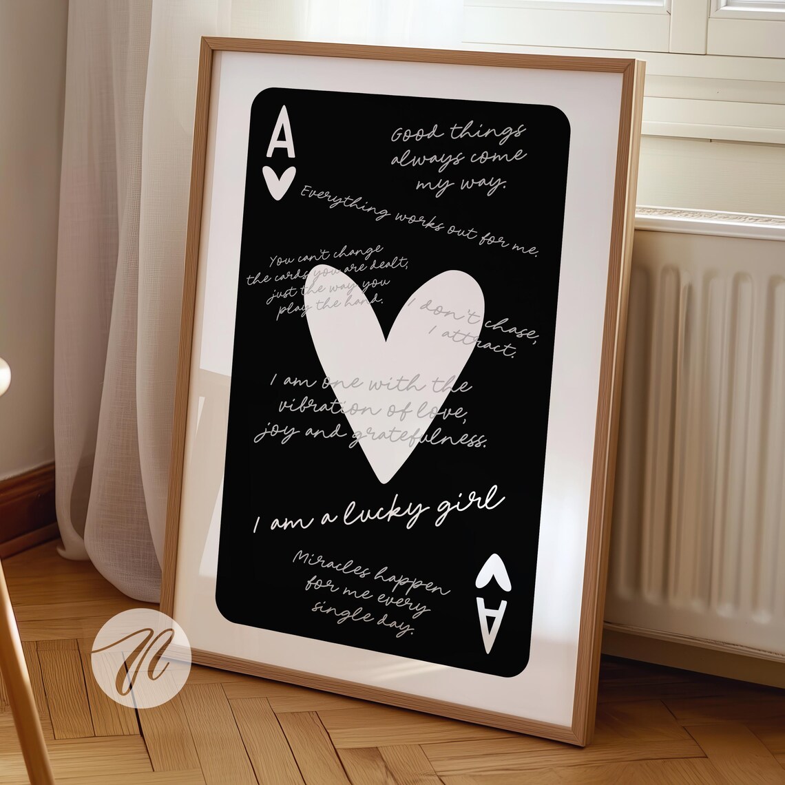 Ace Of Hearts Lucky Girl Affirmations Black Playing Card Poster