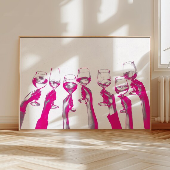 Hot Pink Cheers Wine Glasses Toast Party Friends Kitchen Bar Poster