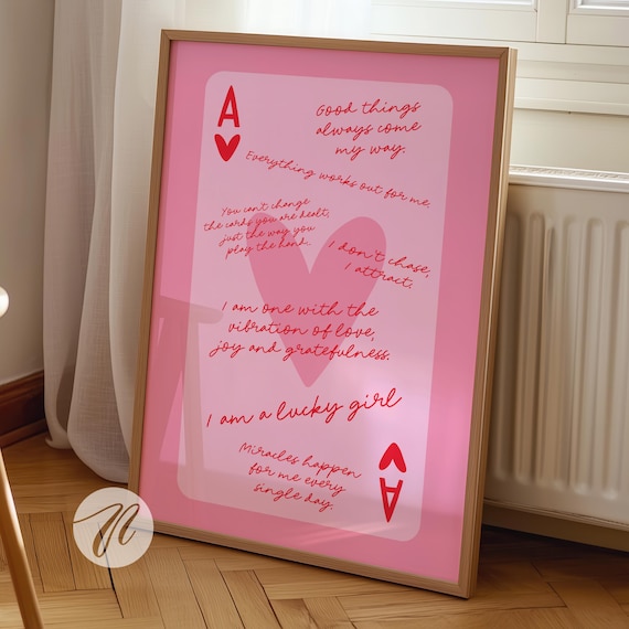 Lucky Girl Syndrome Ace Of Hearts Card Poster Trendy Wall Art Pink And Red Prints Retro Bar Cart Preppy Funky Apartment Decor