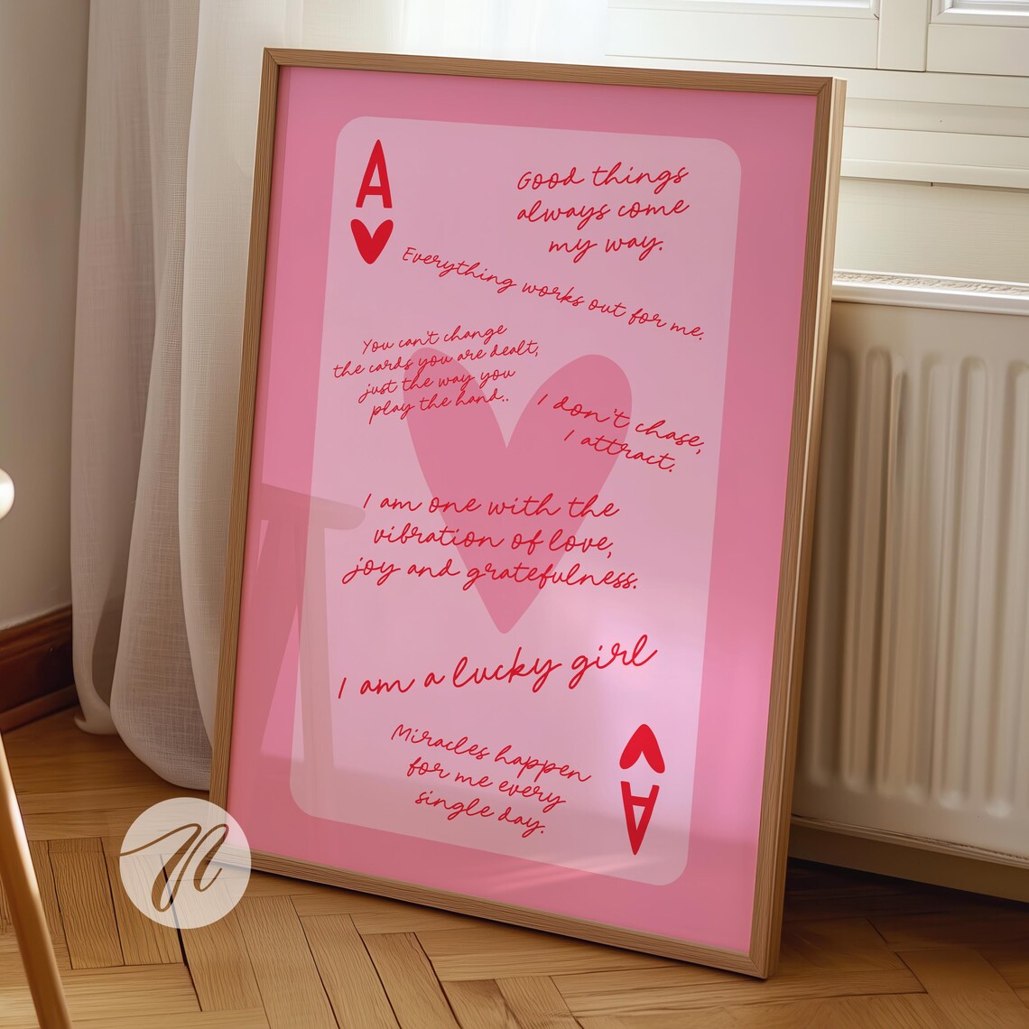 Pink Lucky Girl Ace of Hearts Affirmation Card Trendy Dorm Wall Poster
