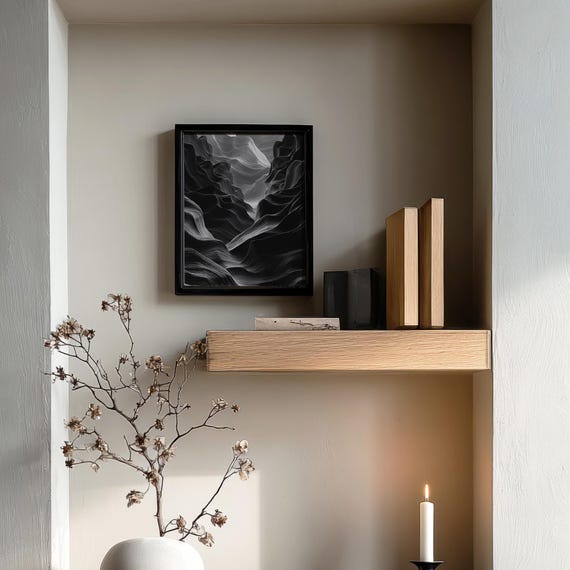 Textured Canyon Lines Abstract Black Print Contemporary Wall Art