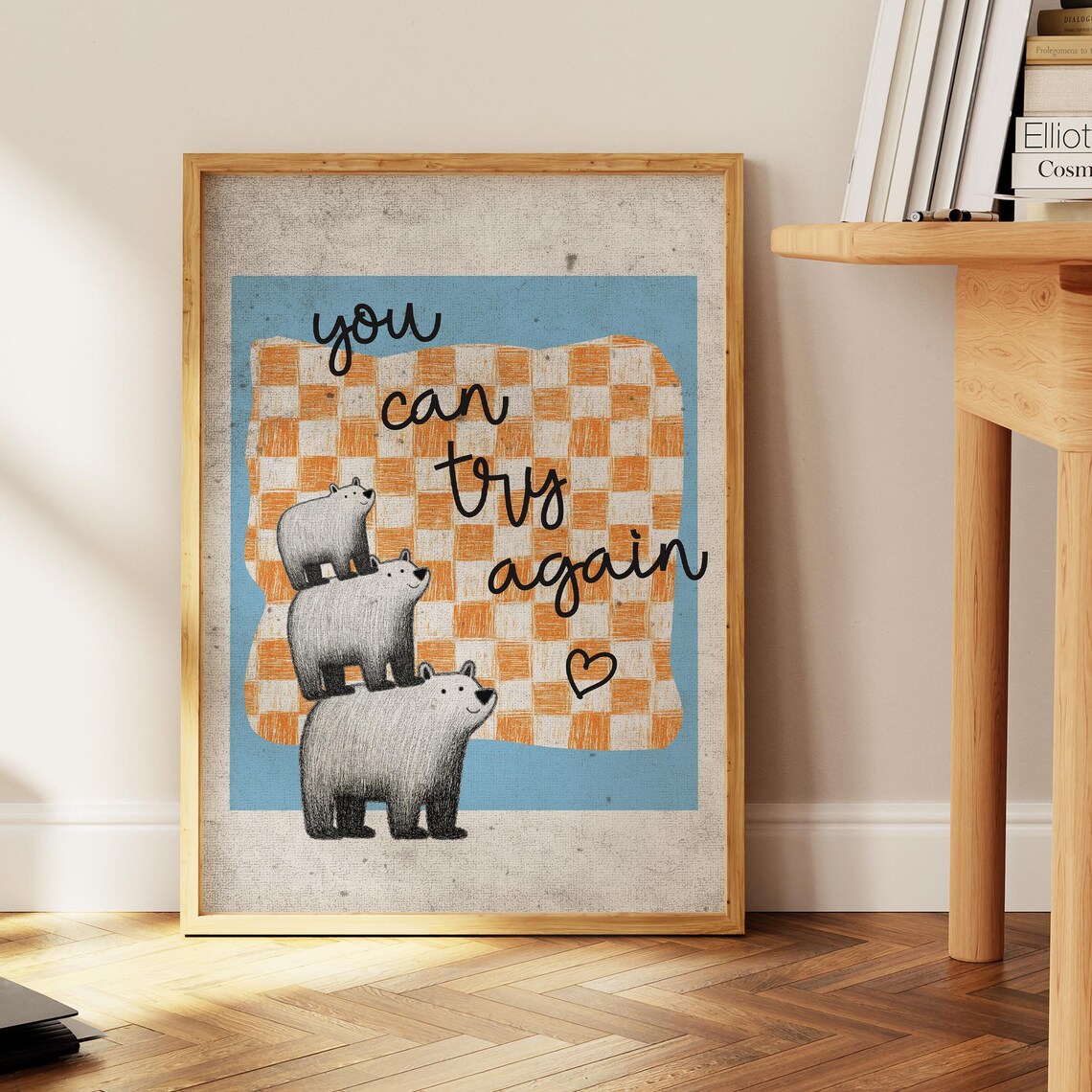Motivational Poster Bears On Blue Orange Checkered Background