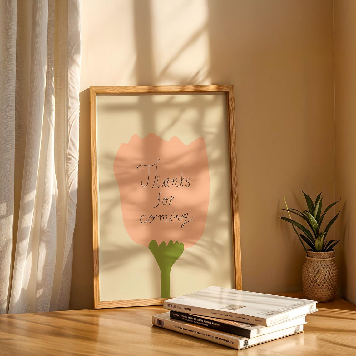 Thanks For Coming Hand Drawn Minimal Pink Flower Botanical Wall Art