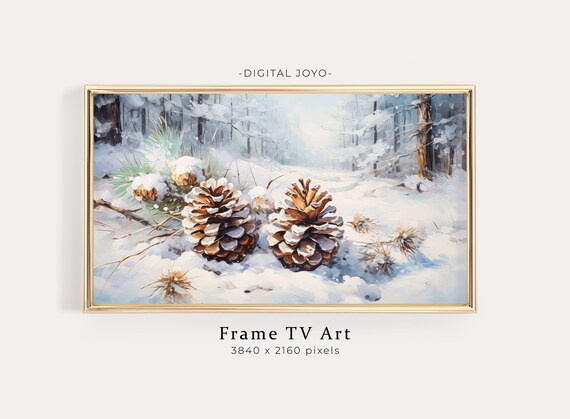 Winter Pinecone Painting in a Snowy Forest Frame TV Art Poster