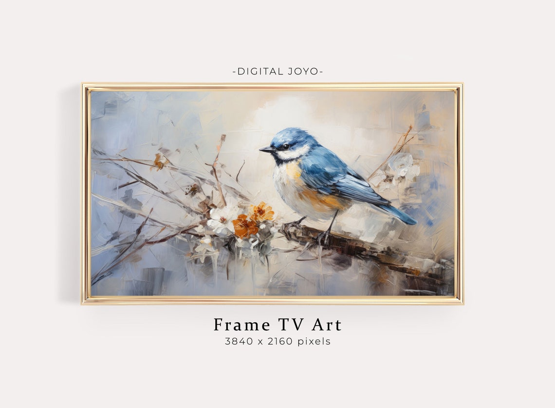 Blue Tit Songbird on Blossom Branch Soft Winter TV Art Poster