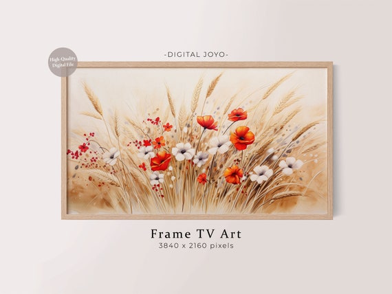 Autumn Wildflowers Wheat Field Poppies Watercolor Frame TV Art Poster