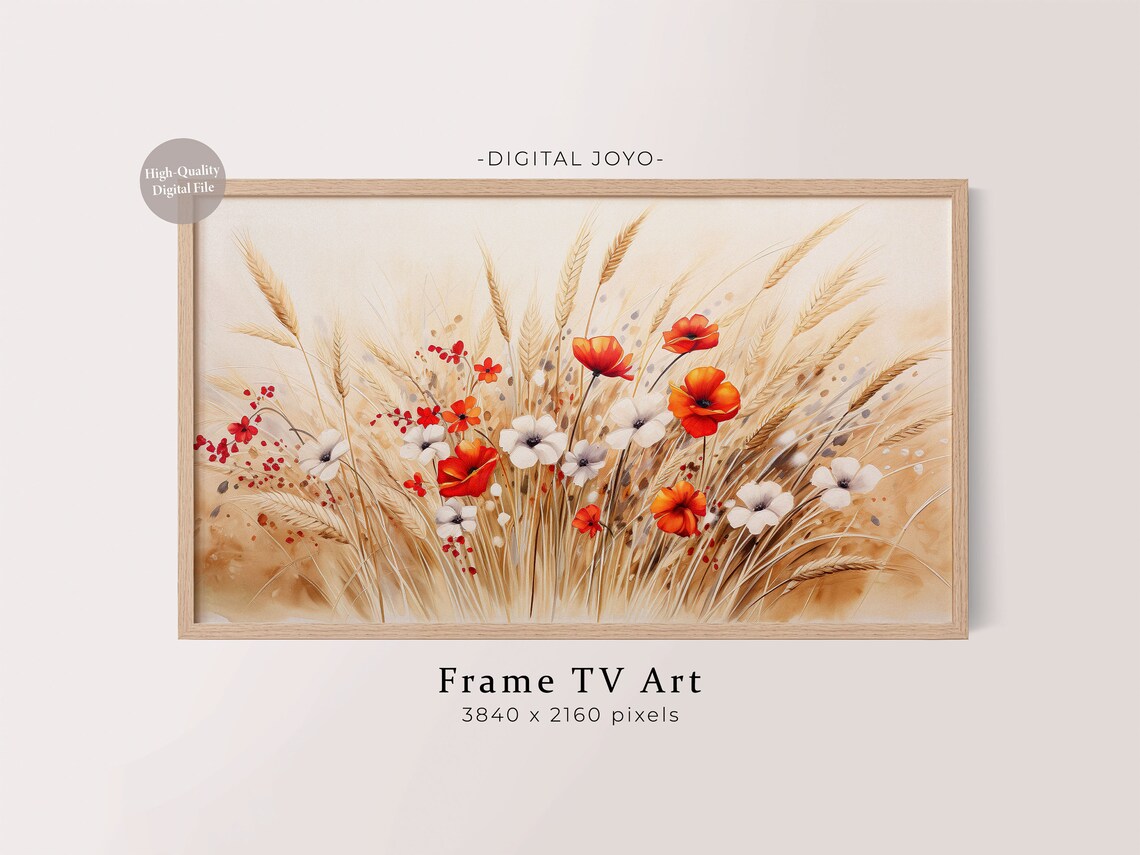 Autumn Wildflowers Wheat Field Poppies Watercolor Frame TV Art Poster
