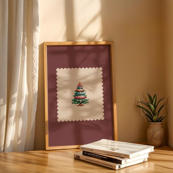 Burgundy Festive Cross Stitch Christmas Tree Holiday Craft Poster