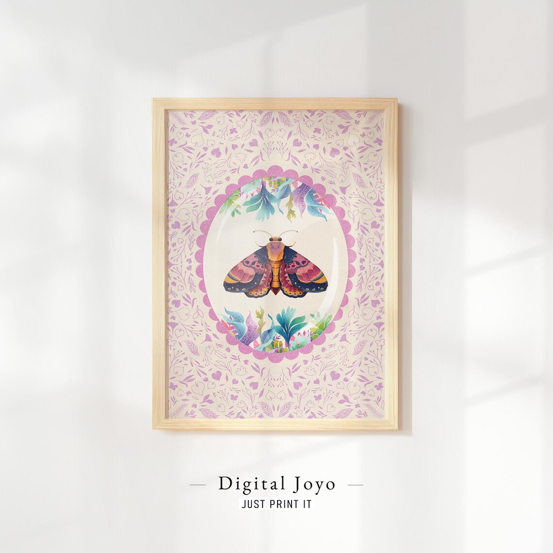 Moth Portrait Pink Floral Vintage Botanical Insect Nursery Art Poster