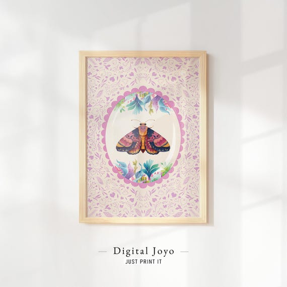 Moth Portrait Art Print Lavender Floral Farmhouse Decor