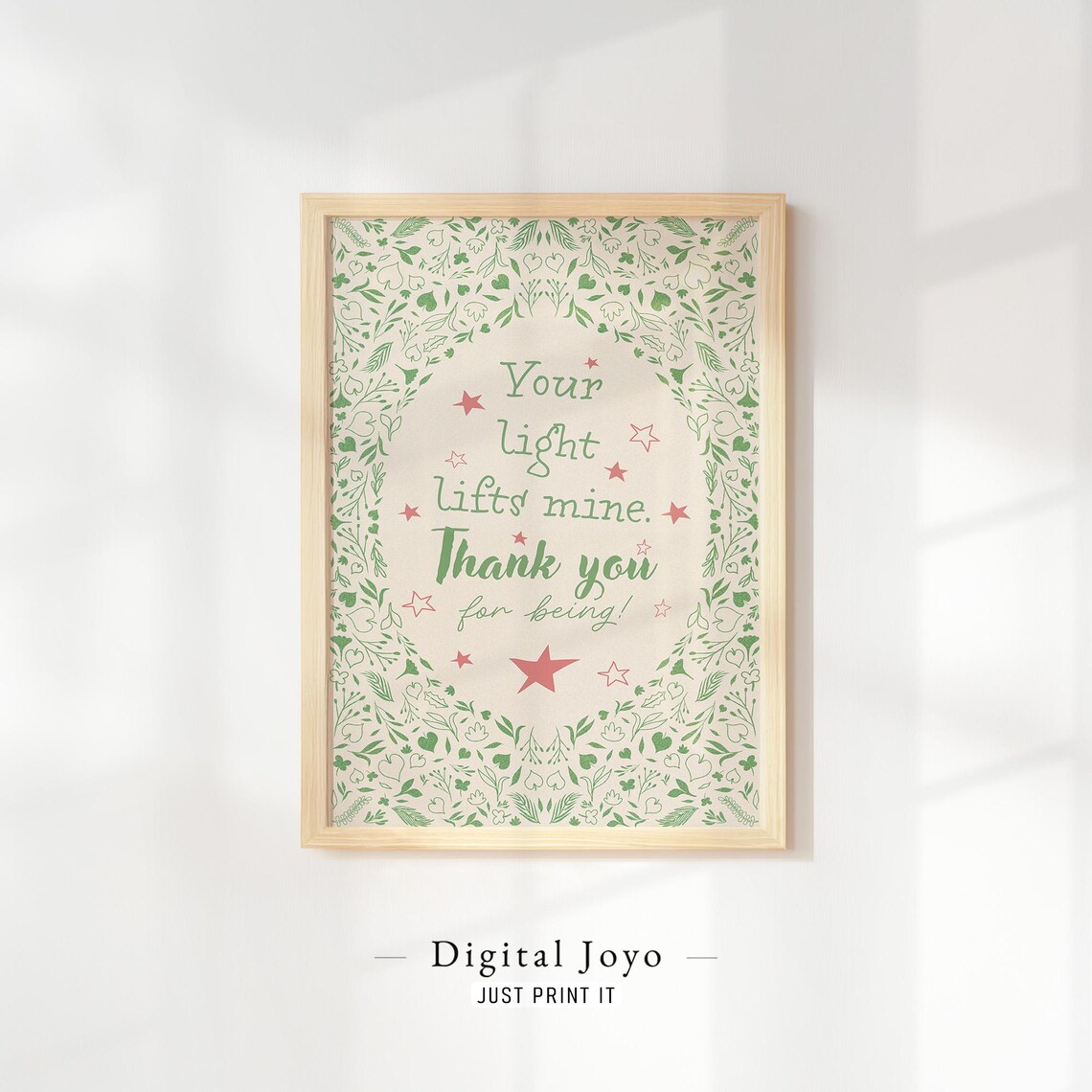Your Light Lifts Mine Thank You Green Leaf Wreath Quote Art Print