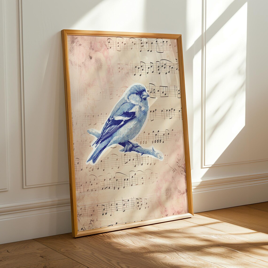 Blue Songbird on Vintage Sheet Music Rustic Garden Bird Art Poster