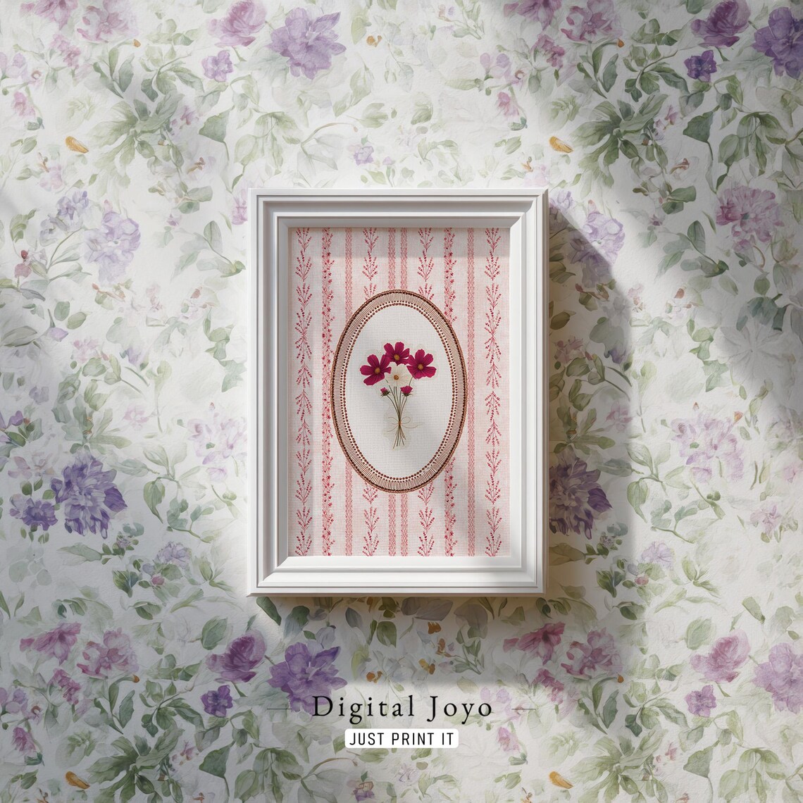 Pink Cosmos Flowers Oval Medallion Pink Striped Vintage Floral Poster