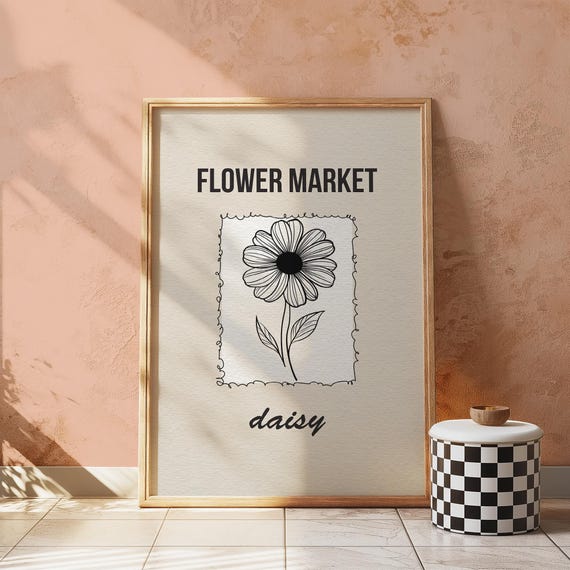 Flower Market Daisy Wall Art Print Neutral Botanical Illustration Farmhouse Or Nursery Decor