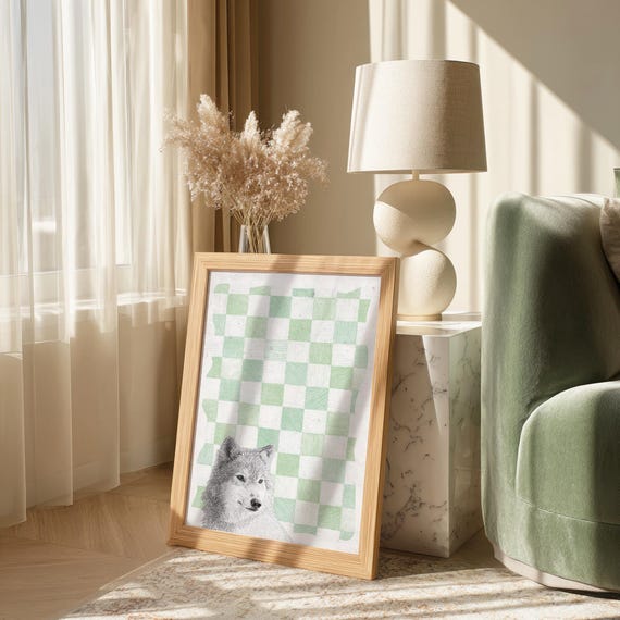 Wolf Illustration With Green Checkered Background