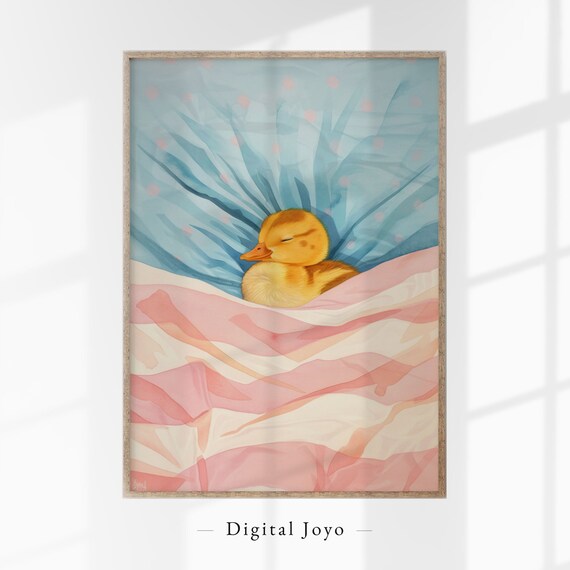 Sleeping Baby Duck Print Watercolor Nursery Pink Blue Cozy Duckling Art