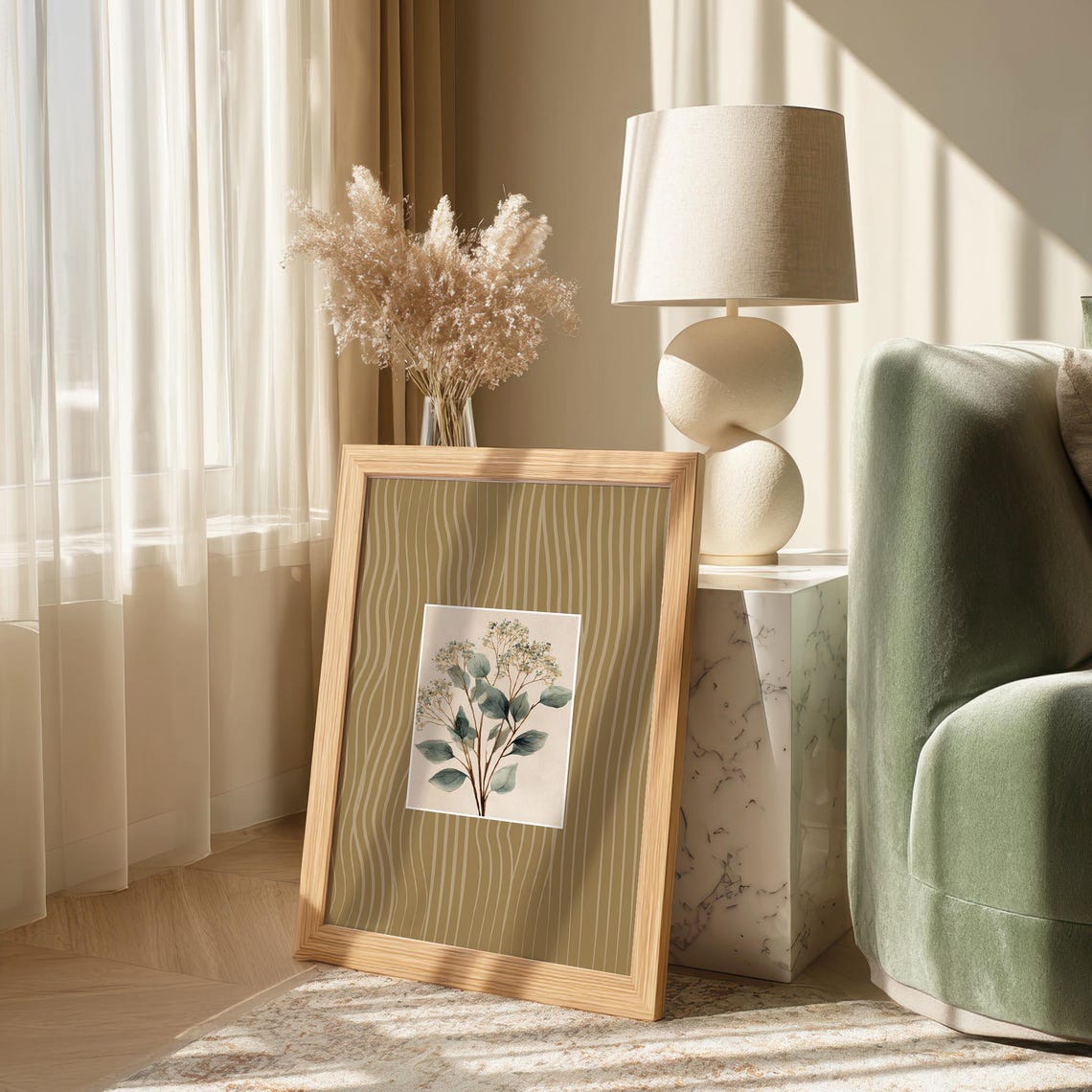 Green Leaves White Flowers Botanical Watercolor Style Poster