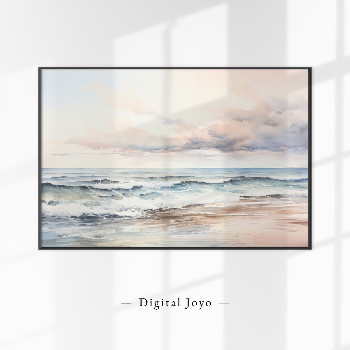 Soft Watercolor Ocean Waves Beach Sunset Pastel Seascape Wall Art