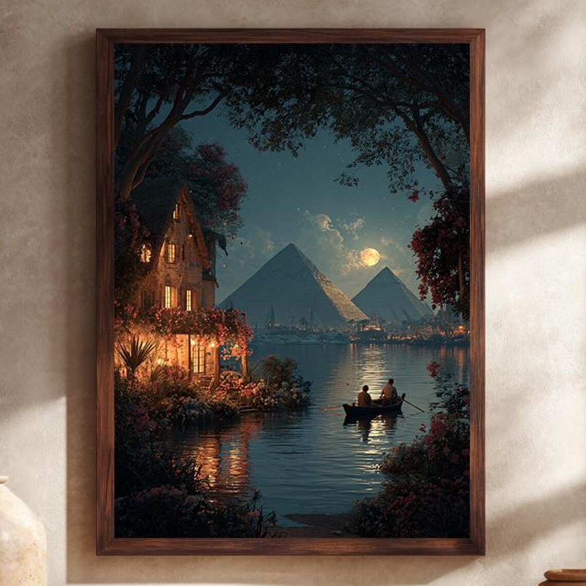 Nile Pyramids Moonlit Night Egypt Riverboat Cottage Canvas Wall Art