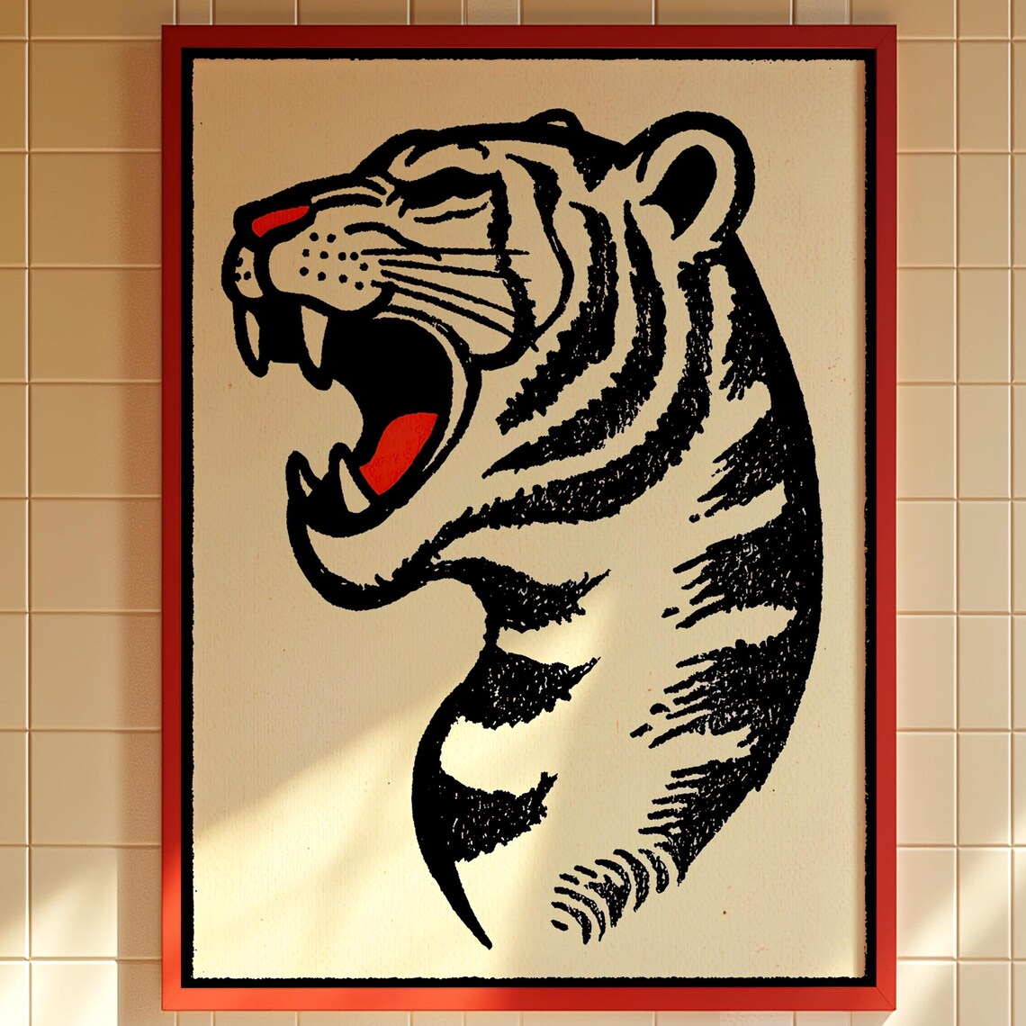 Roaring Tiger Art Print Black Red Accent
