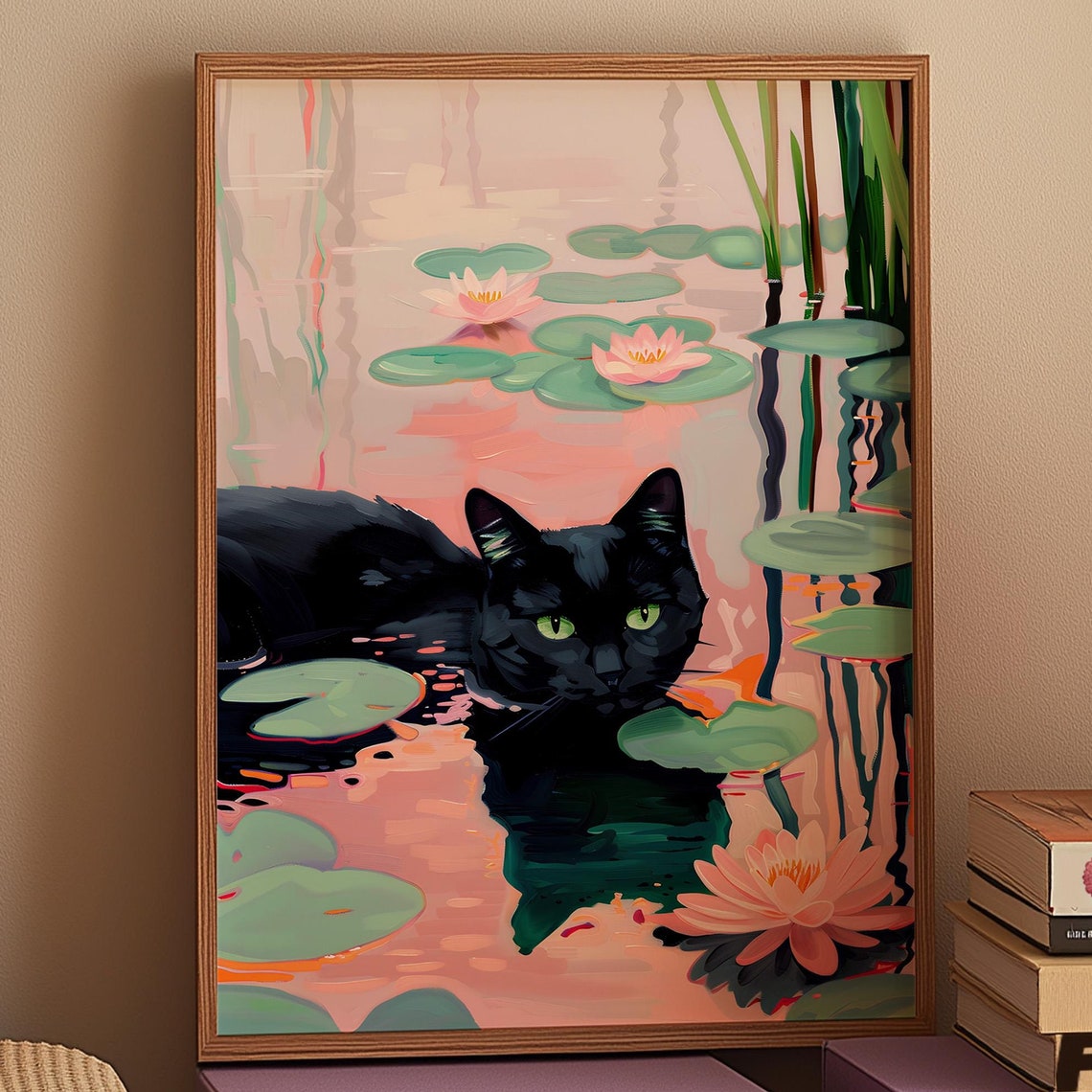 Black Cat Resting By Lily Pond Pink Water Lilies Monet Style Art Print