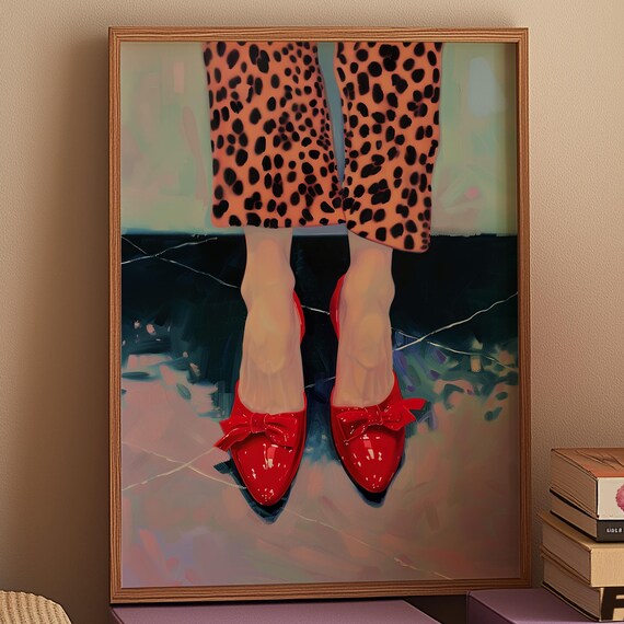 Leopard Print Art Retro Red Shoes Dopamine Decor