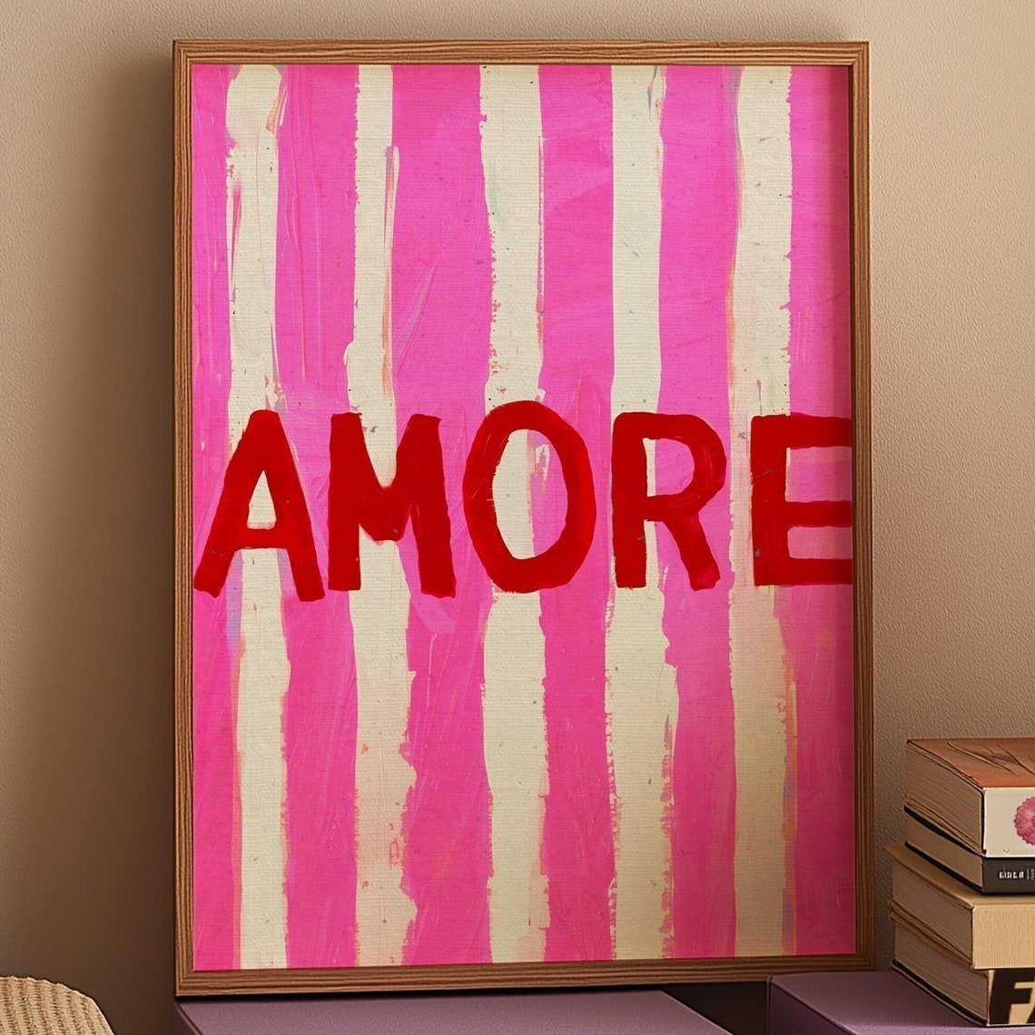 Amore Red Typography on Pink Stripe Modern Italian Decor Poster