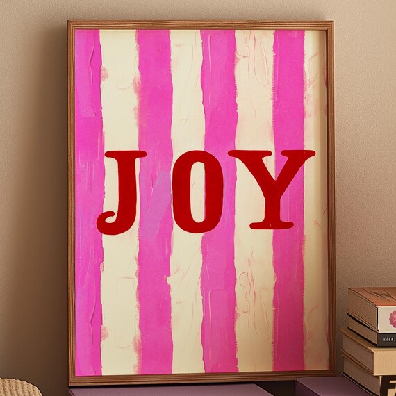 Joy Typography Bold Red Letters Pink Stripes Cheerful Happy Wall Art