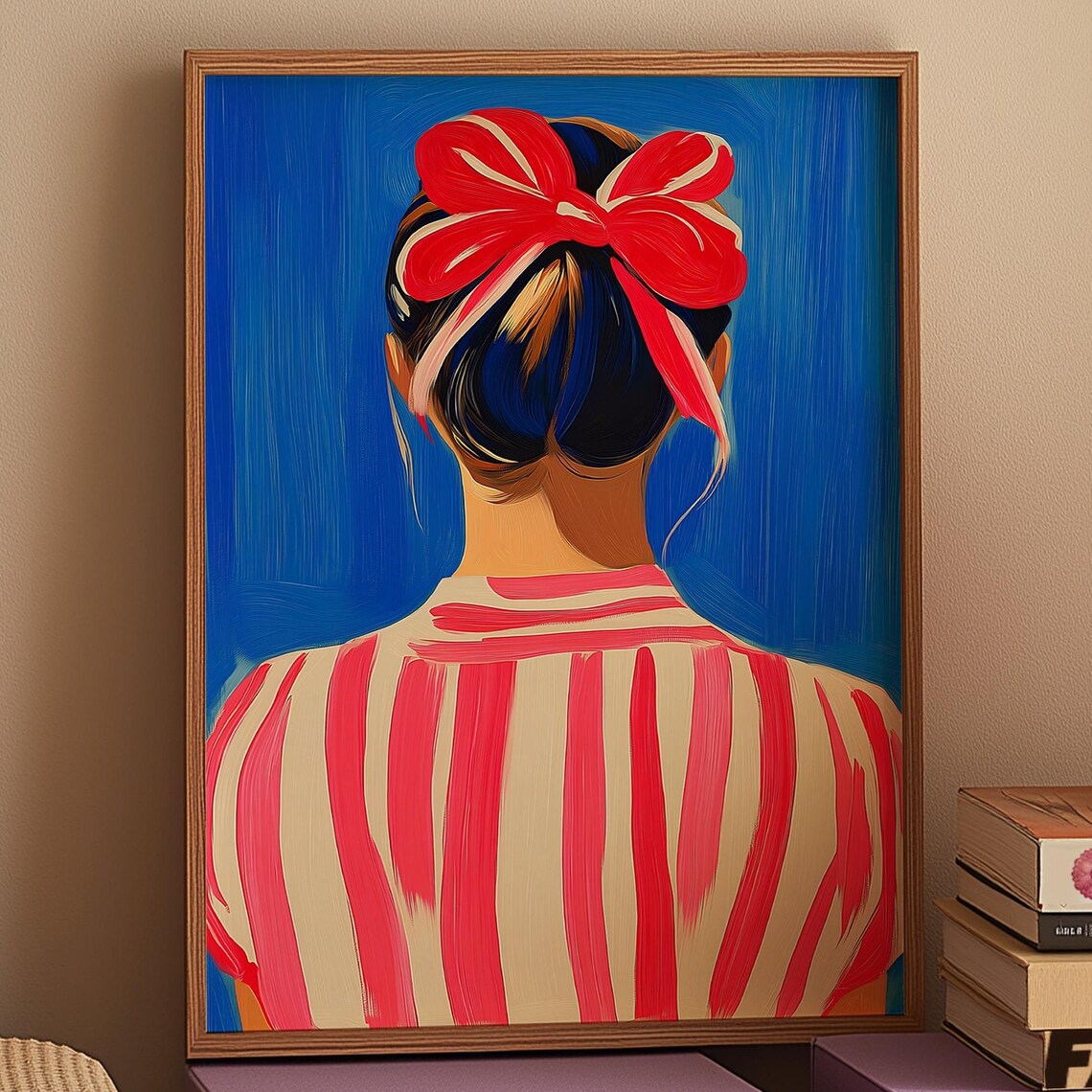 Red Bow Woman Art Print Kitsch Retro Maximalist Decor