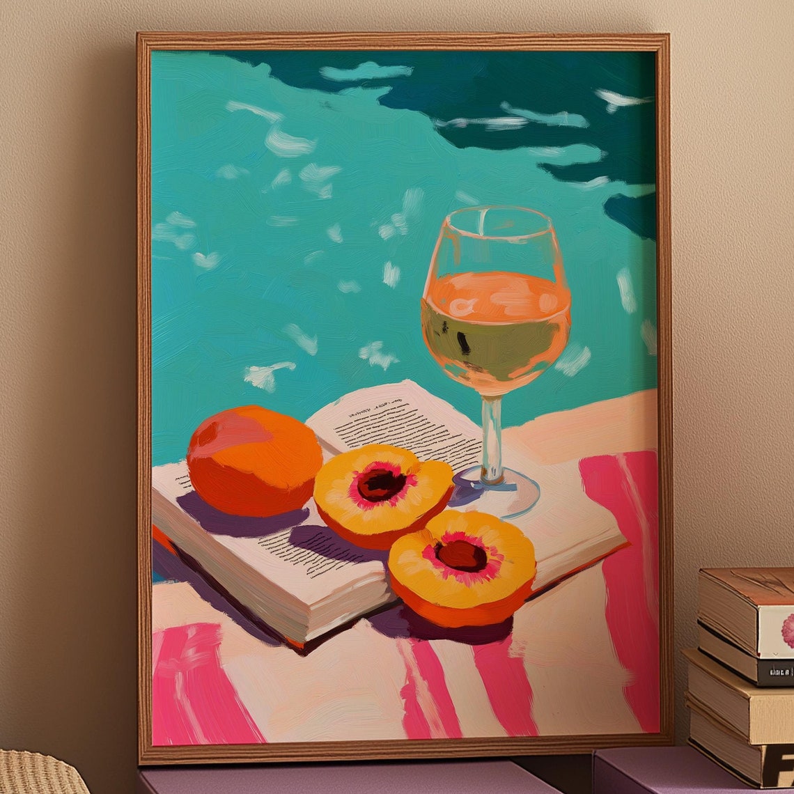 Poolside Wine Peaches And Open Book Summer Still Life Art Poster