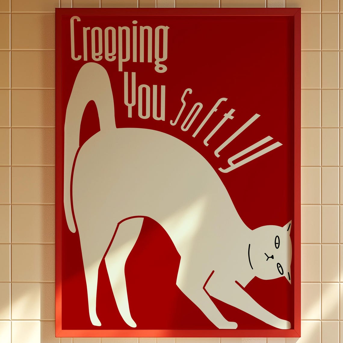 Creeping You Softly Funny Stretching Cat Retro Red Art Poster