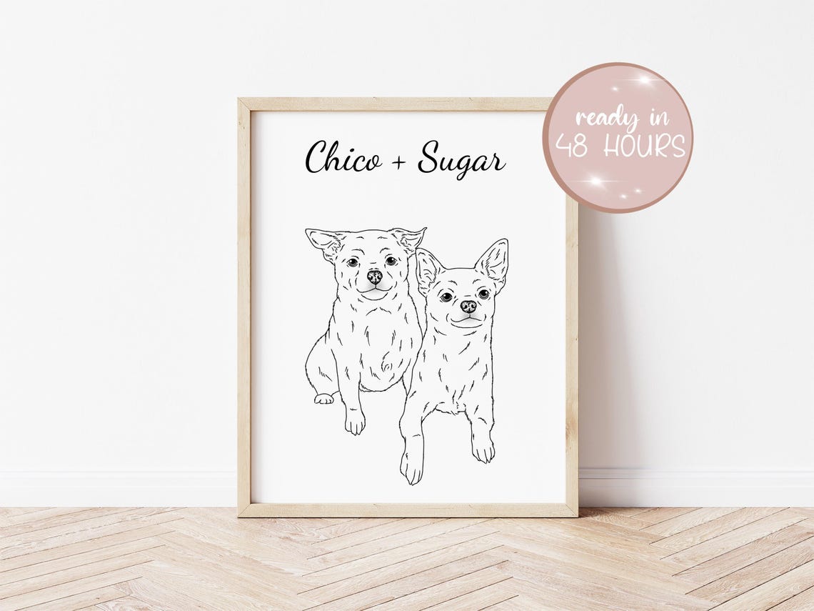 Chico and Sugar Two Dogs Line Drawing Custom Pet Portrait Poster