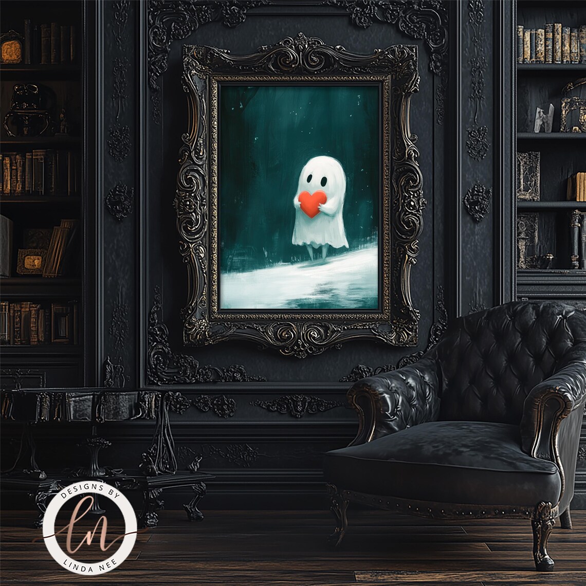 Cute Ghost Holding Red Heart Dark Forest Gothic Valentine Art Poster - Image 4