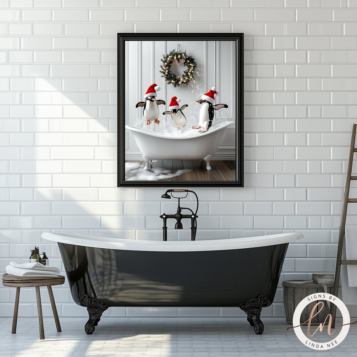 Cute Penguins in a Vintage Tub Christmas Art Print - Image 4