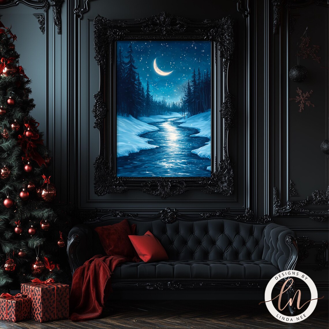 Winter Moon Dark Forest Art Print, Gothic Night Sky - Image 2