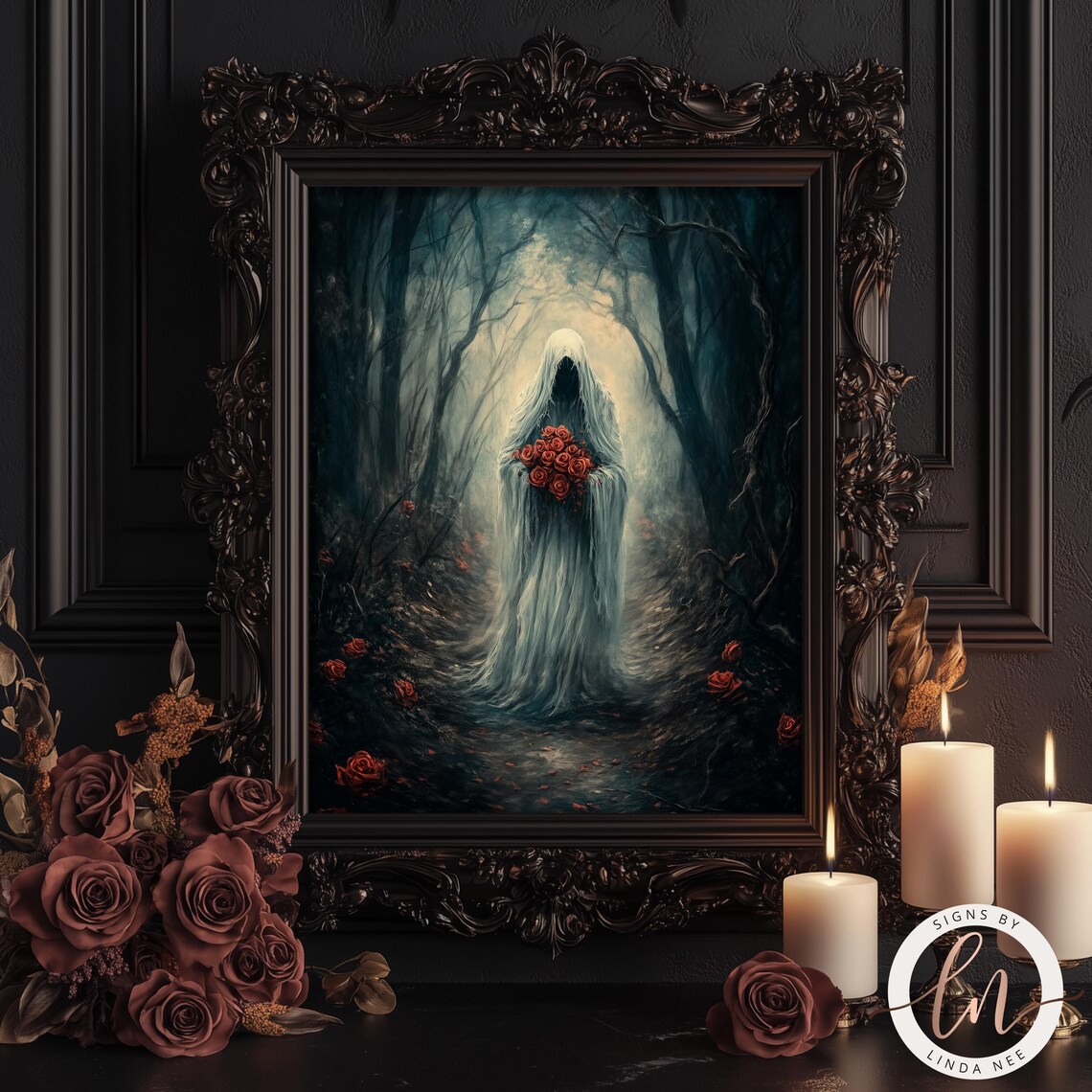 Dark Academia Ghost Holding Roses, Vintage Poster