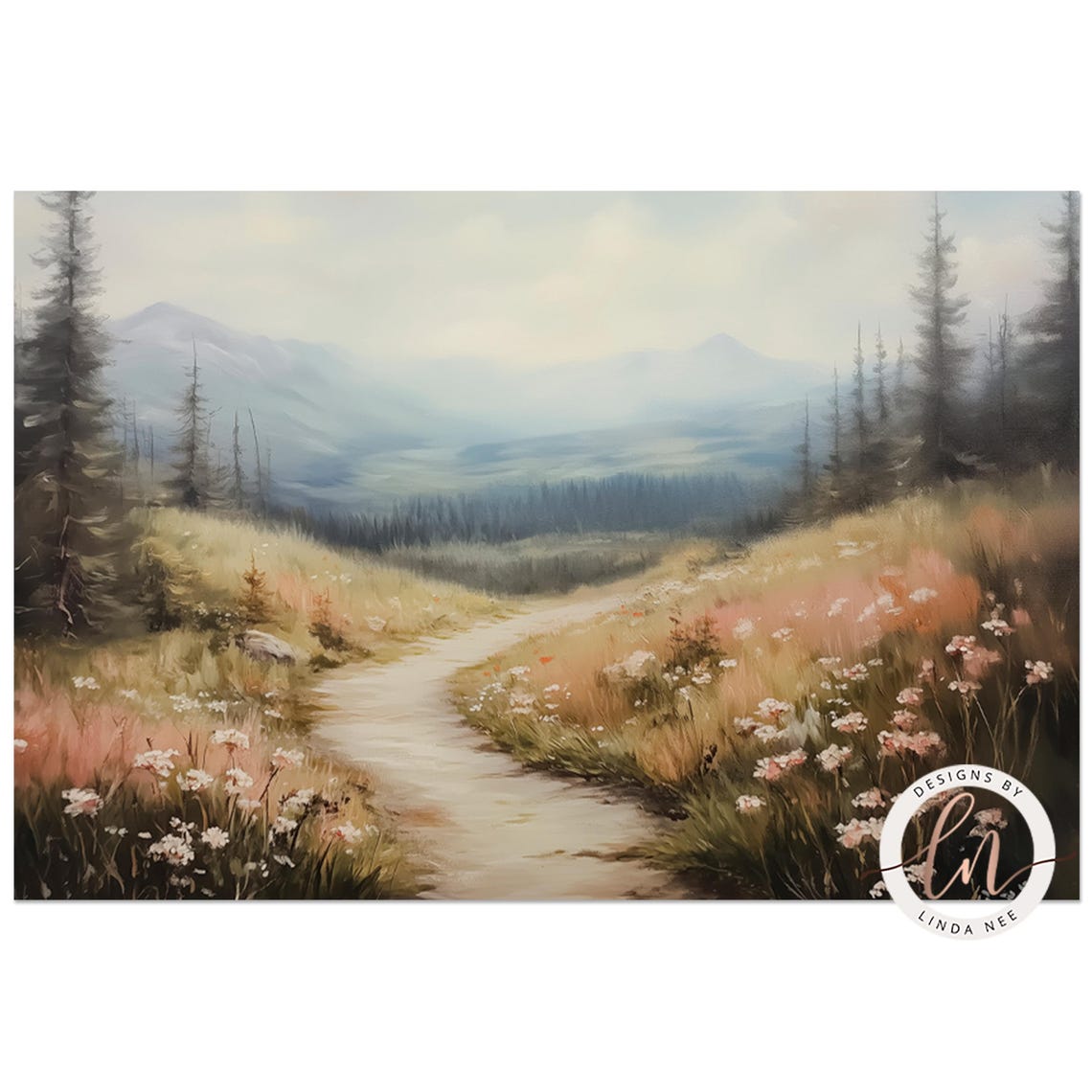 Mountain Meadow Wildflower Path Misty Peaks Rustic Landscape Poster - Image 5