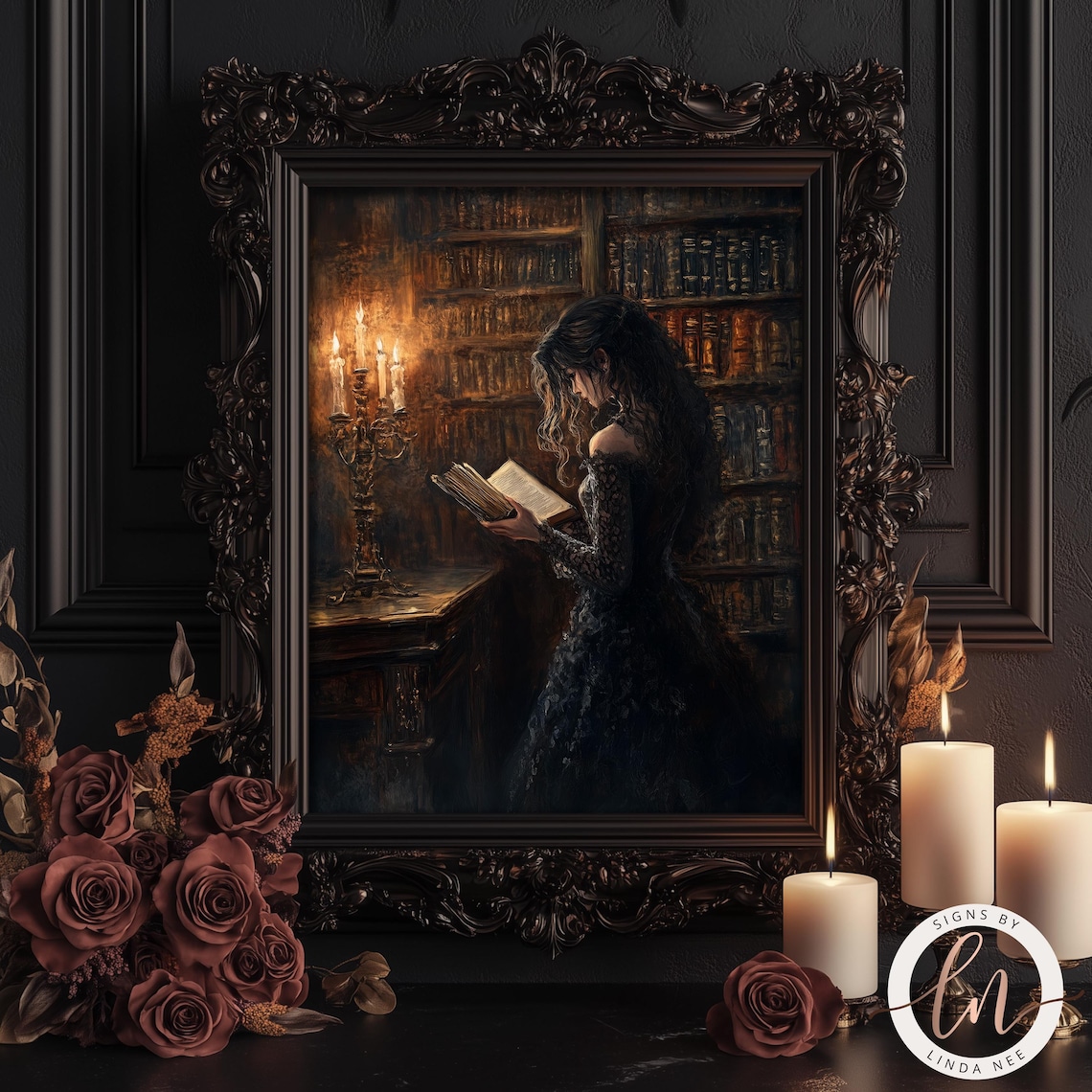 Victorian Woman Reading Library Art Print - Image 2